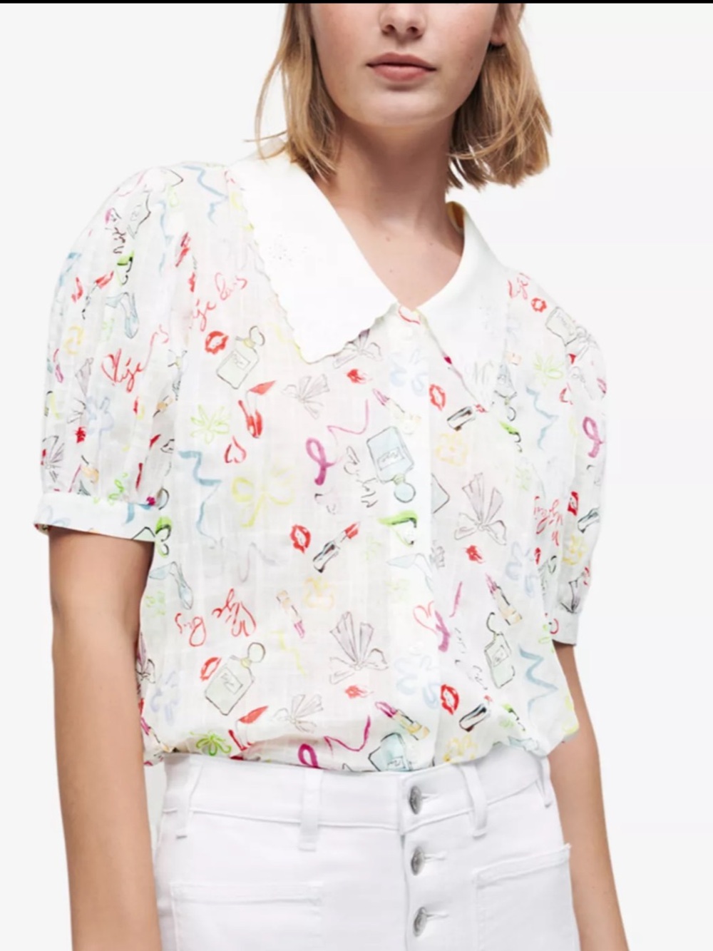 MAJE Coisona printed crinkle-effect shirt Peter Pan perfume lips